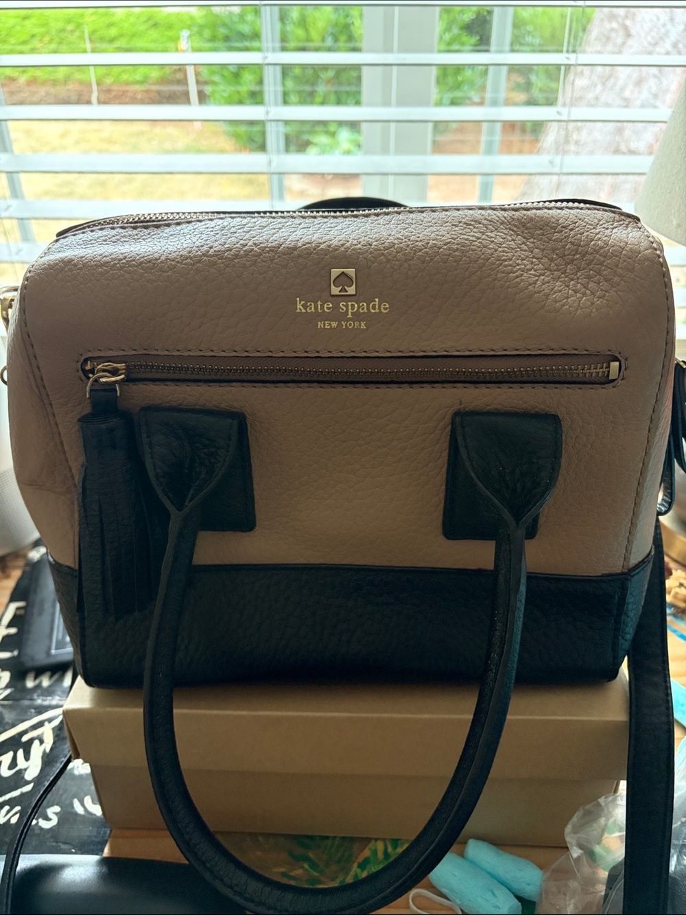 kate spade Taupe and Black Pebbled Leather Satchel